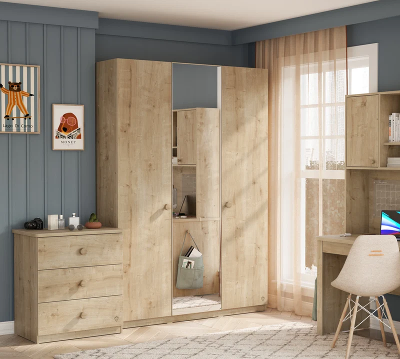 Mocha 3 Doors Wardrobe With Mirror