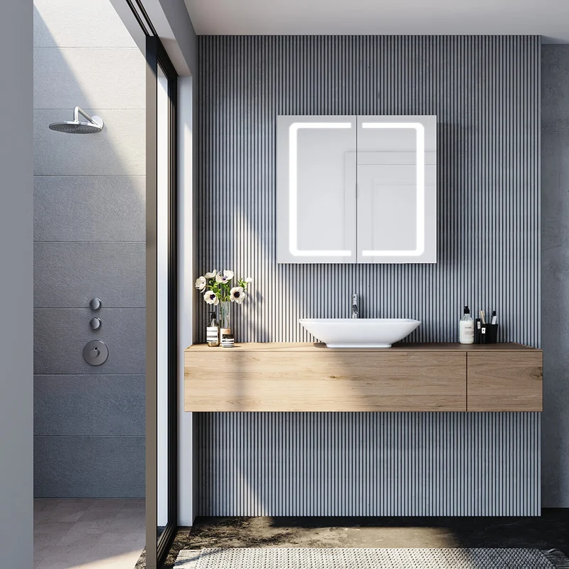 SONNI Edelstahl LED Spiegelschrank mit Beleuchtung, Steckdose und Kippschalter fürs Badezimmer 70x65 cm