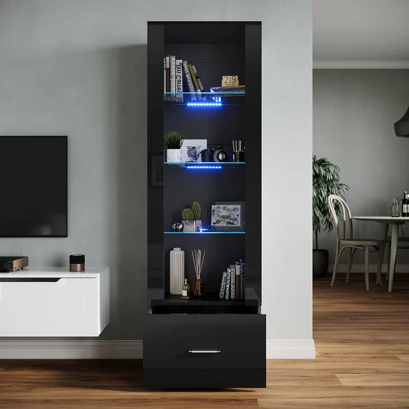 SONNI Vitrine mit LED-Beleuchtung, Glasvitrine mit Schubladen, weiß Hochglanzfront, Sammlervitrine, Vitrinenschrank