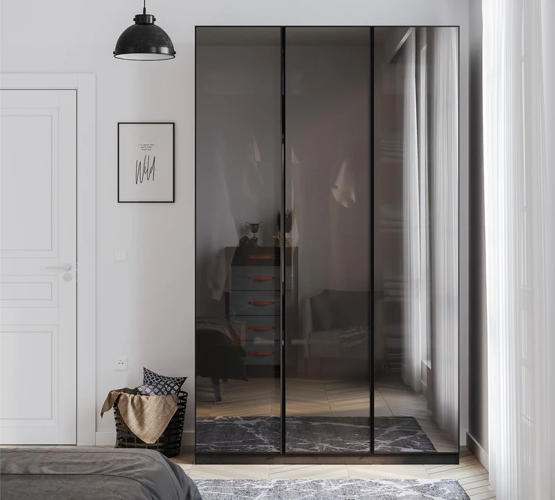 3 Doors Wardrobe Black (Glass Door)