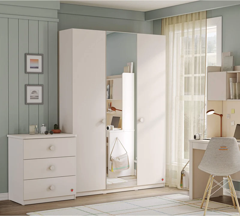 Varia Cream 3 Doors Wardrobe With Mirror