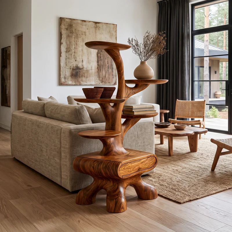 Rustic Tree Side Table With Tiered Display Shelves For Living Room SINLHASTA308