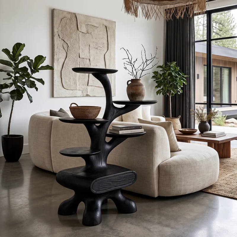 Rustic Tree Side Table With Tiered Display Shelves For Living Room SINLHASTA308