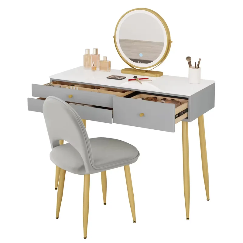 Coiffeuse avec Miroir Rond LED – Design Hollywoodien et Rangement Spacieux