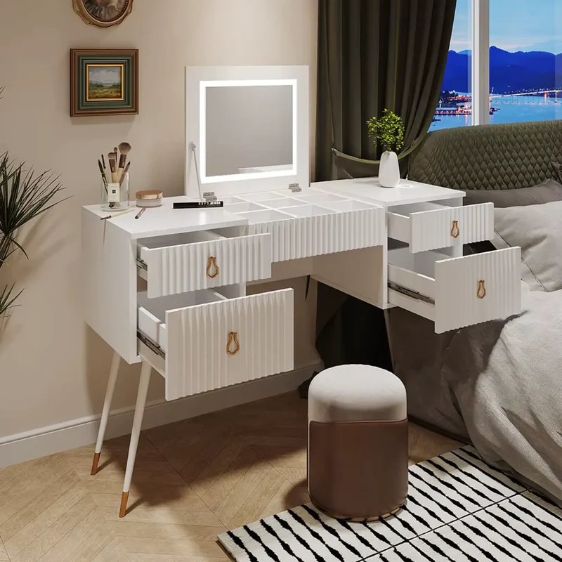 Coiffeuse avec Miroir Rabattable et Éclairage LED – Compacte et Épurée