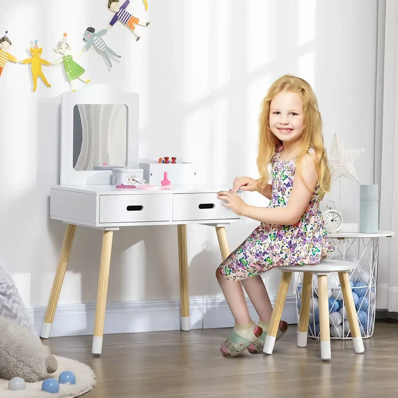 Coiffeuse Enfant avec Miroir et Tabouret, Bois Blanc