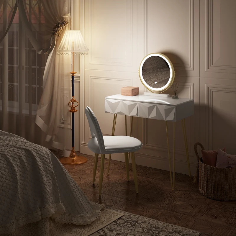 Coiffeuse LED Miroir Rond Blanche, Chaise Velours Incluse