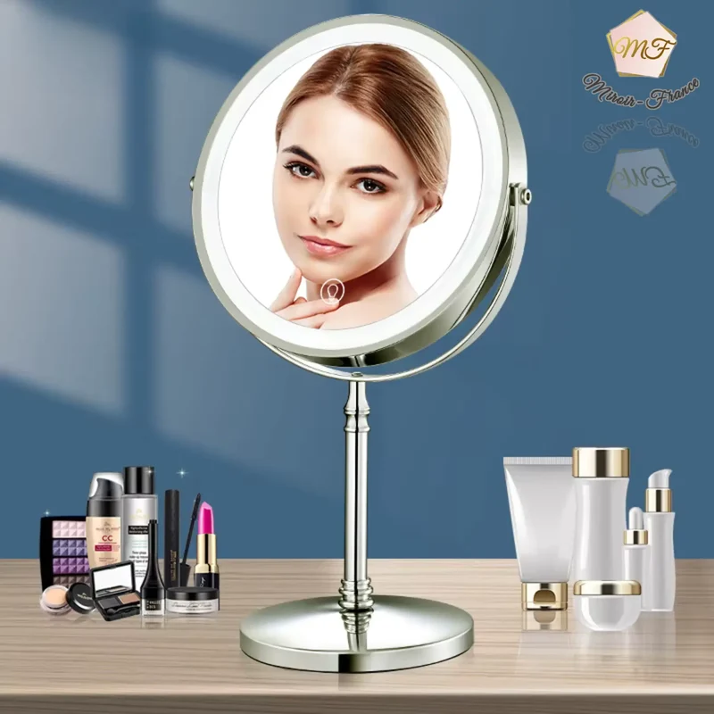 Miroir Grossissant sur Pied x10 Double Face LED Rechargeable 20 cm