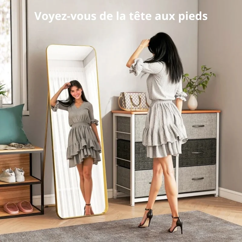 Miroir Sur Pied Doré 160x50 cm - Cadre Métal & Verre Anti-Éclats