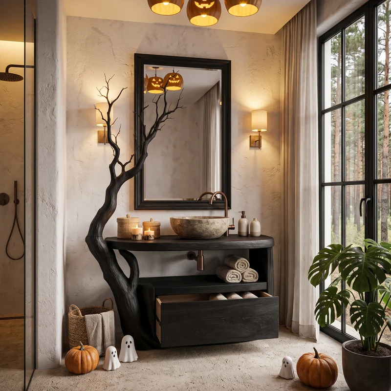 Natural Halloween Tree Bathroom Vanity With Open Shelf Storage For Bathroom SINLHABRV345
