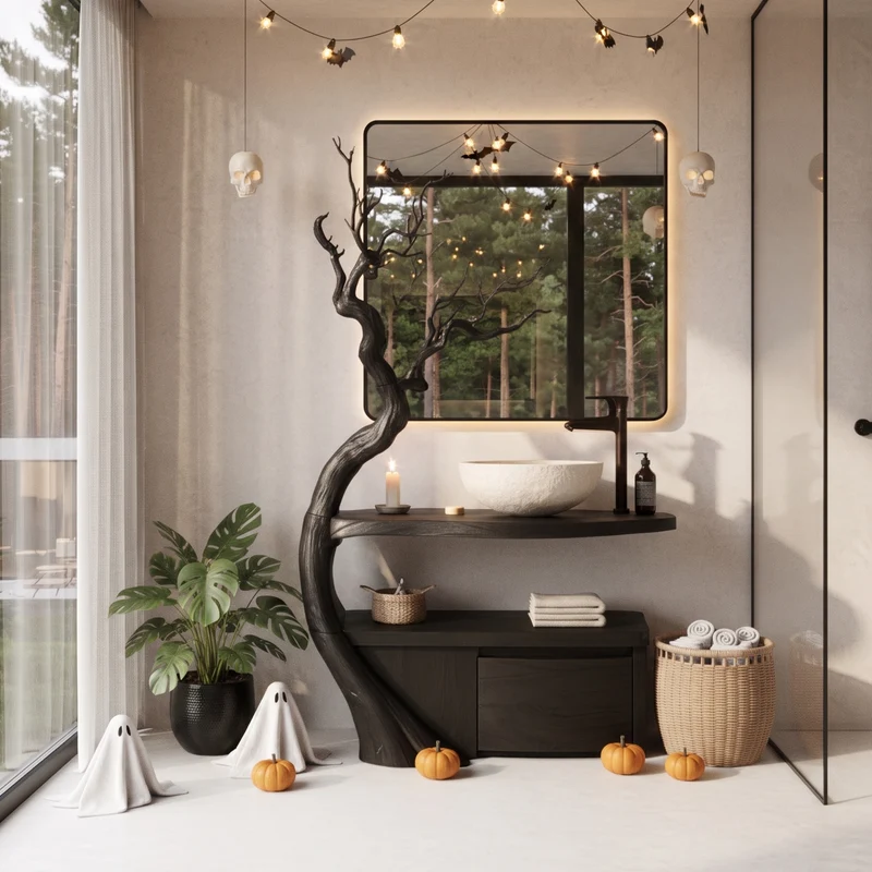 Gothic Halloween Bathroom Vanity With Haunted Tree Branch Design For Bathroom SINLHABRV344