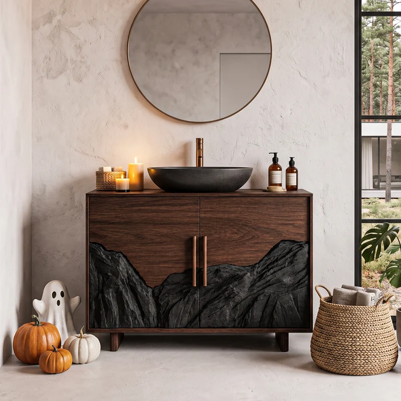 Rustic Halloween Bathroom Vanity Cabinet With Haunted Mountain Design For Bathroom SINLHABRV341