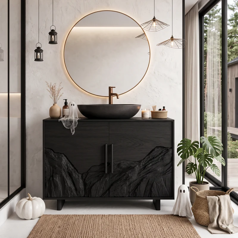 Rustic Halloween Bathroom Vanity Cabinet With Haunted Mountain Design For Bathroom SINLHABRV341