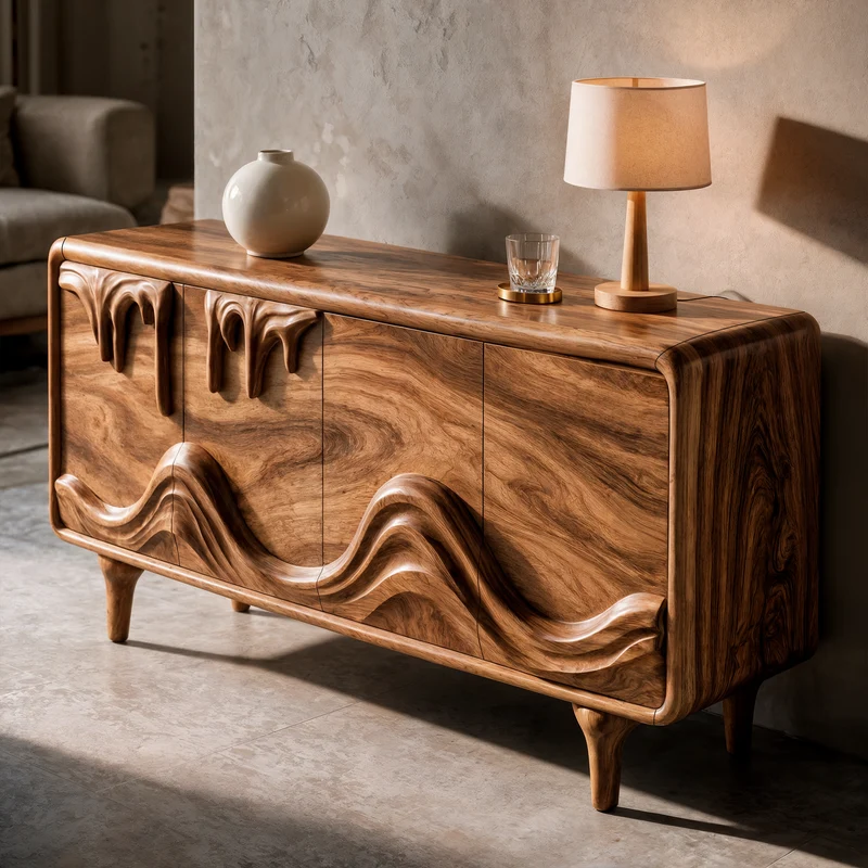 Mid Century Sideboard With Intricately Carved Front Design For Living Room SINLKISD002