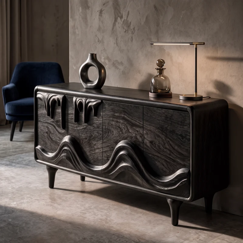Mid Century Sideboard With Intricately Carved Front Design For Living Room SINLKISD002