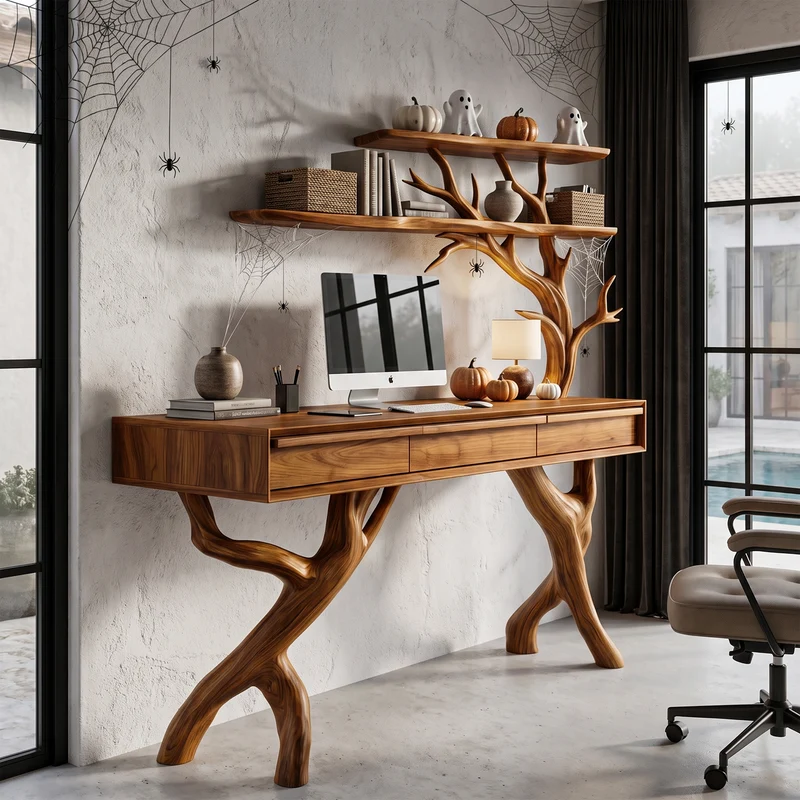 Rustic Tree Branch Desk With Halloween Spider Web Shelves For Home Office SINLHADE175