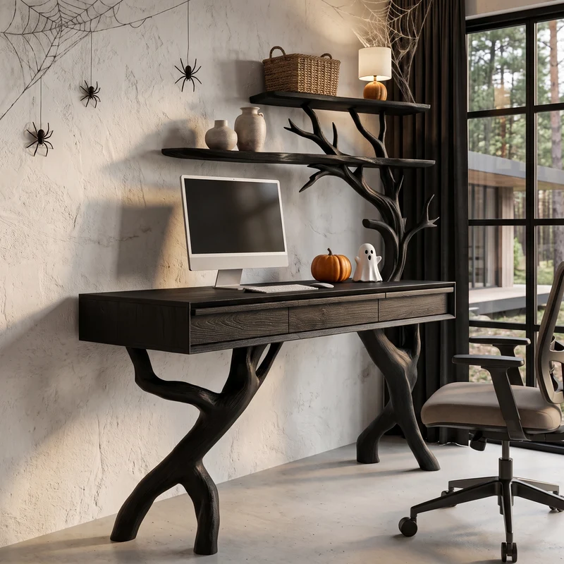 Rustic Tree Branch Desk With Halloween Spider Web Shelves For Home Office SINLHADE175