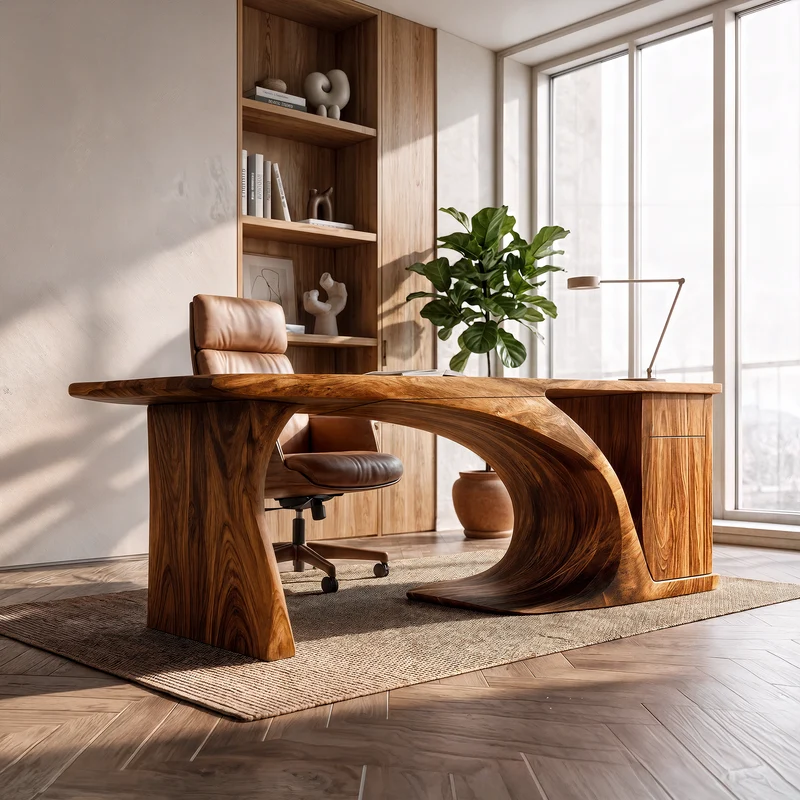Modern Sculptural Desk With Curved Base And Storage For Home Office SINLKIDE174