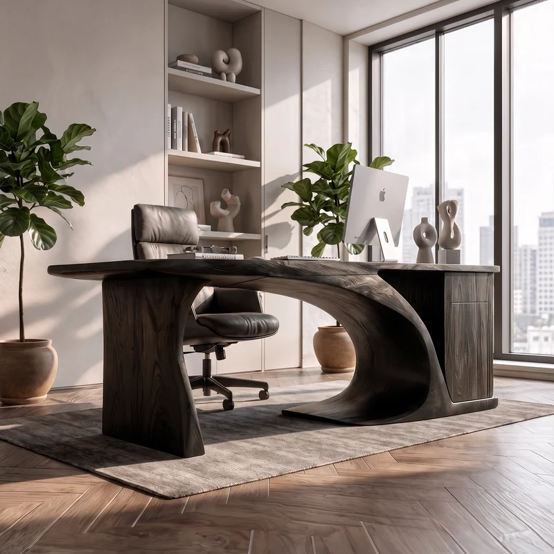 Modern Sculptural Desk With Curved Base And Storage For Home Office SINLKIDE174