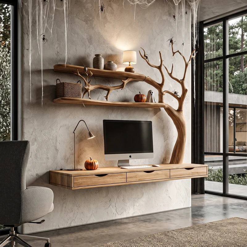 Natural Halloween Desk With Drawers And Spooky Branch Design For Home Office SINLHADE176