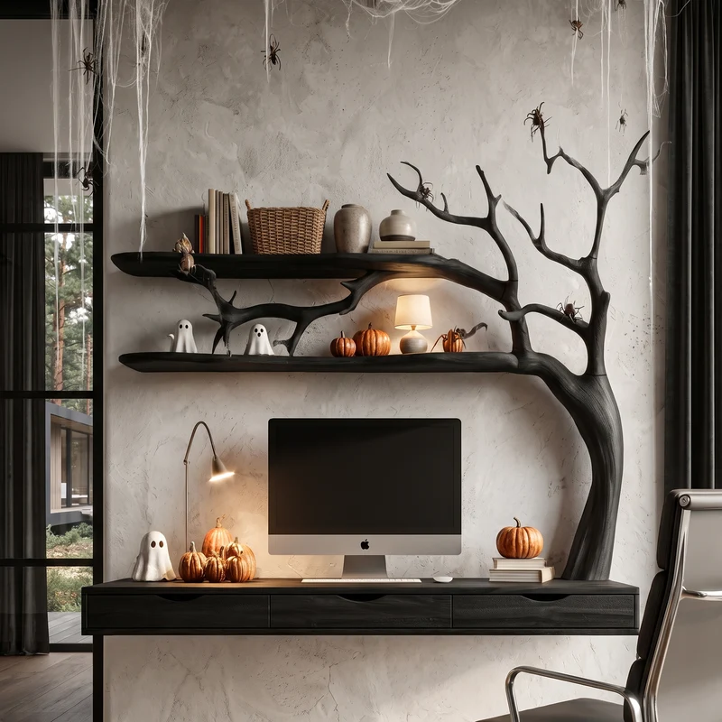 Natural Halloween Desk With Drawers And Spooky Branch Design For Home Office SINLHADE176