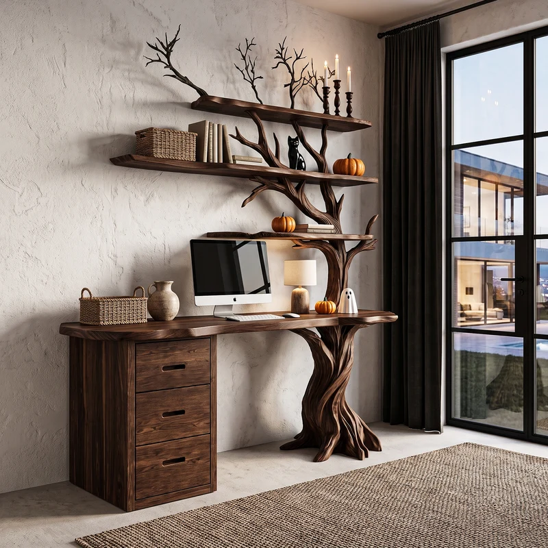 Contemporary Halloween Writing Desk With Haunted Tree Silhouette For Bedroom SINLHADE177