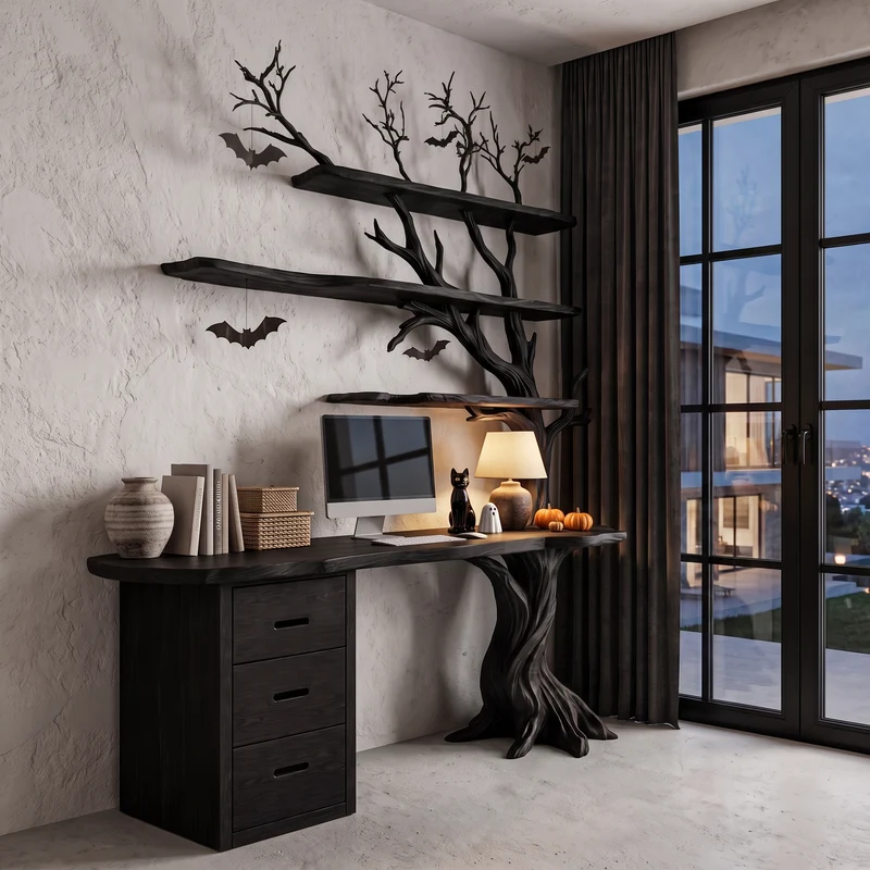 Contemporary Halloween Writing Desk With Haunted Tree Silhouette For Bedroom SINLHADE177