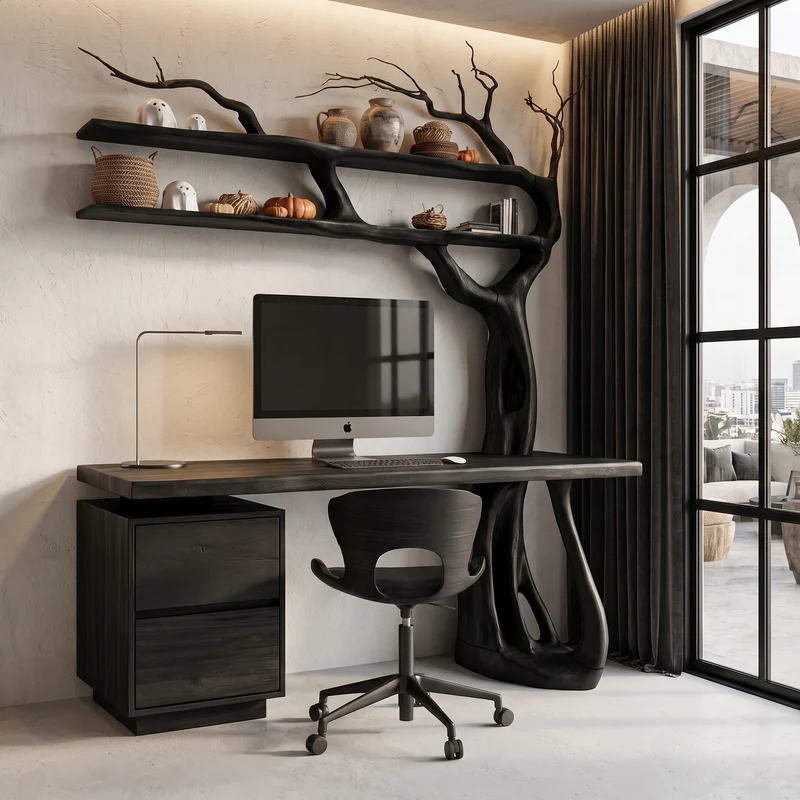 Natural Halloween Tree Desk With Spooky Branch Bookshelf For Bedroom SINLHADE178