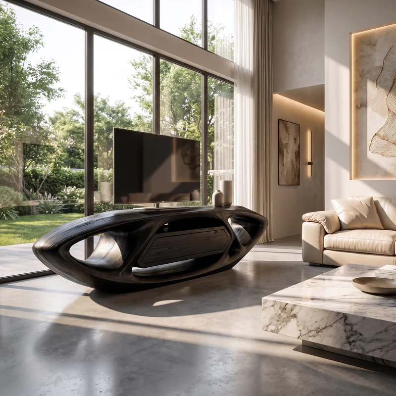 Contemporary TV Cabinet With Sculptural Oval Frame And Open Storage For Living Room SINLKITVC111