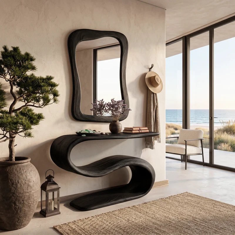 Organic Wooden Console Table With Sculptural Undulating Base For Living RTTHTTCS020