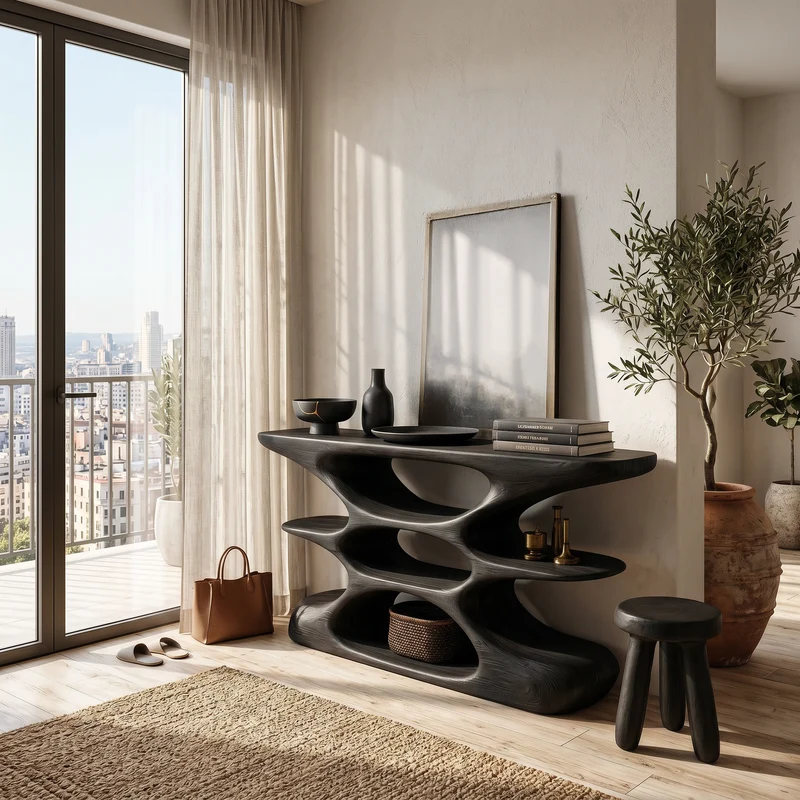 Contemporary Sculptural Wood Console Table With Cutout Shelves For Living RTTHTTCS026