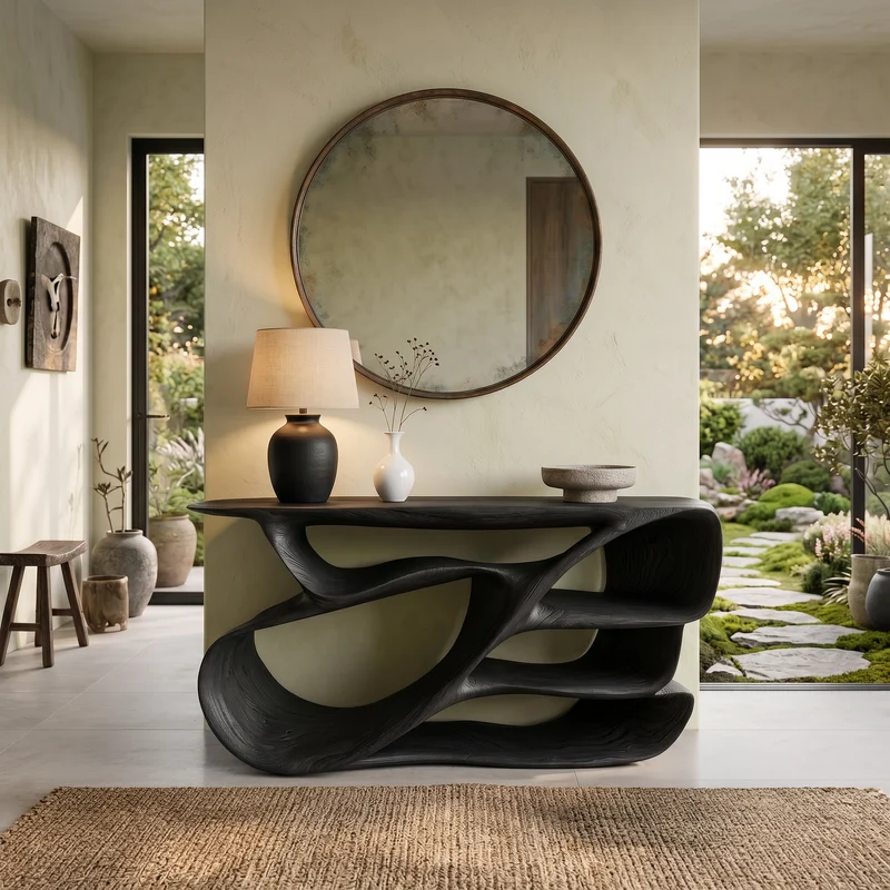 Organic Wooden Console Table With Hollow Compartments For Living Decor RTTHTTCS022
