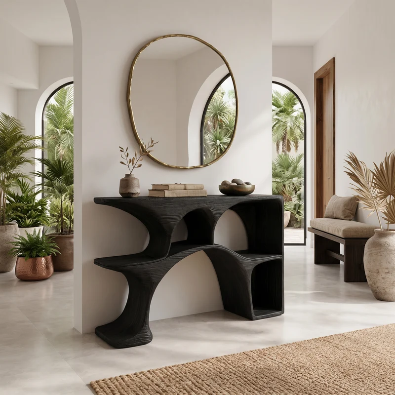 Modern Wooden Console Table With Sculptural Open Shelves For Living RTTHTTCS021