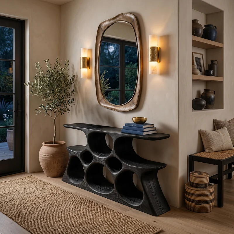 Elegant Wooden Console Table With Sculptural Shelves For Home Decor RTTHTTCS033