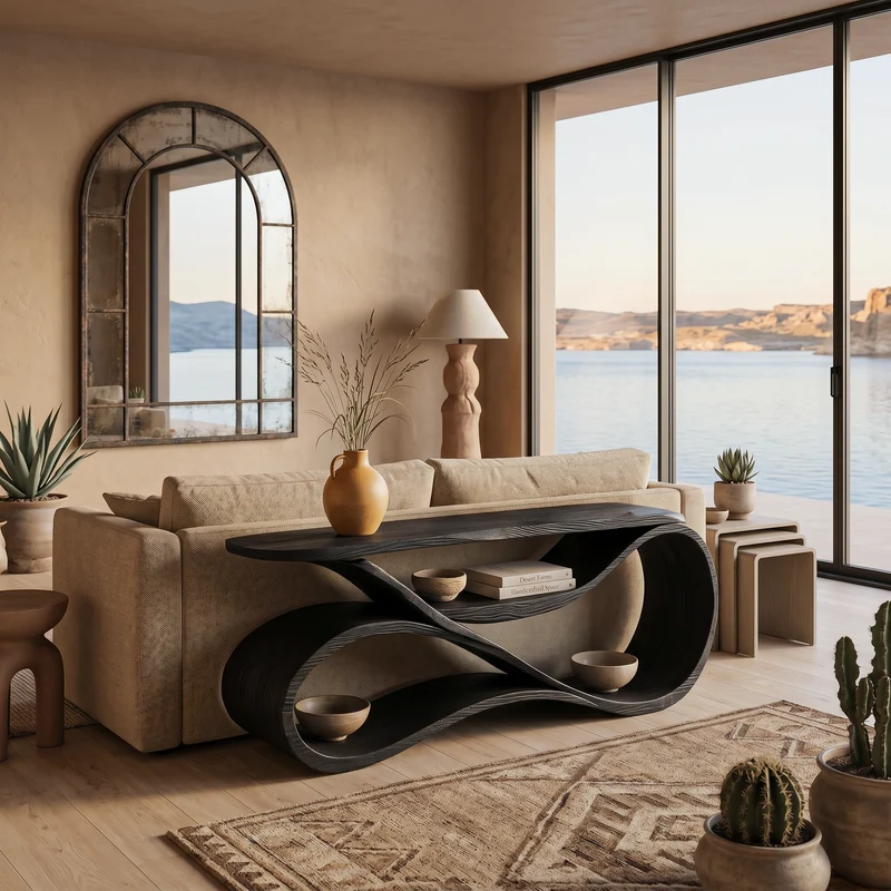 Modern Wooden Console Table Flowing Shelf Design For Living RTTHTTCS030