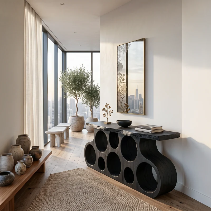 Wooden Console Table With Round Cutout Base For Living Decor RTTHTTCS039