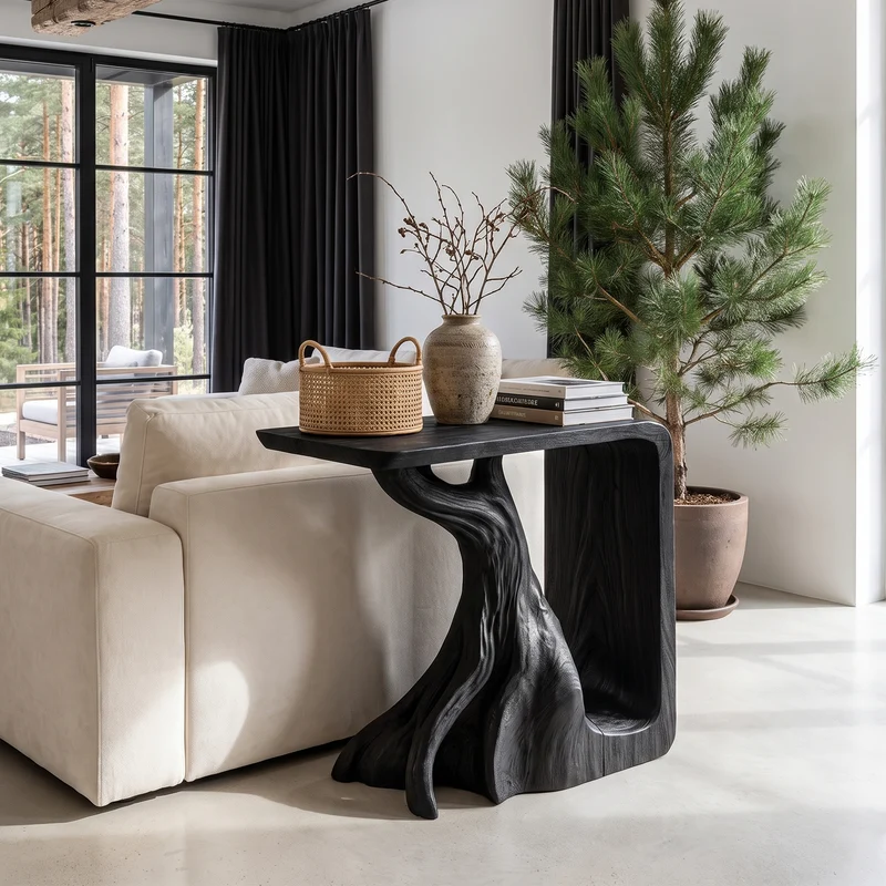 Rustic Sculptural Bedside Table With Root Inspired Base For Living Room SINLHASTA300