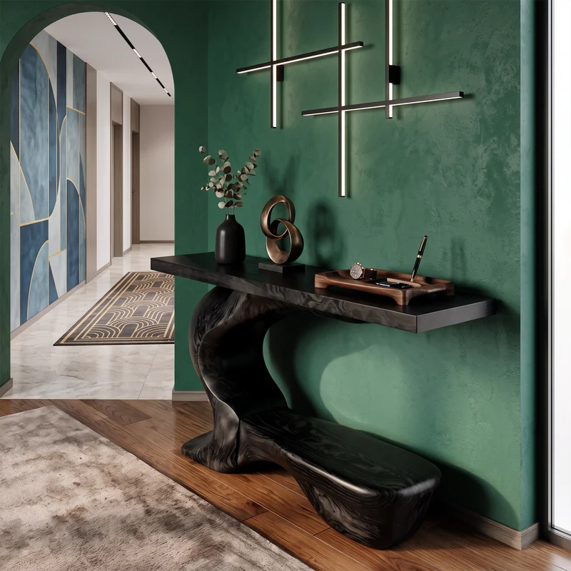 Rustic Sculptural Console Table With Curved Base For Entryway SINLKICS705