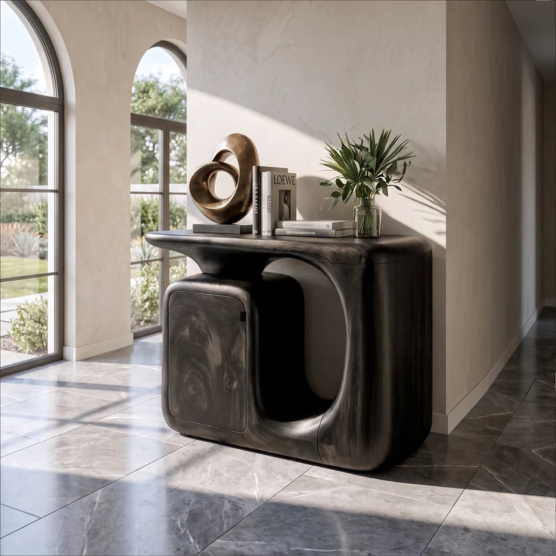Modern Sculptural Console Table With Rounded Storage Cabinet For Entryway SINLKICS703