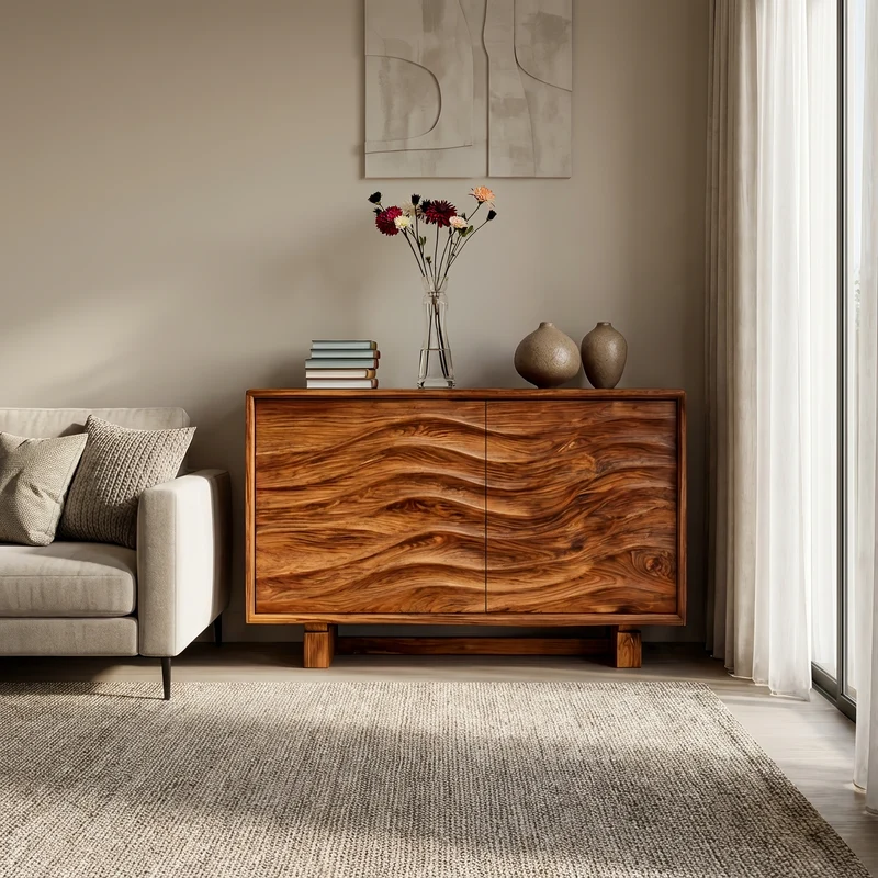 Wooden Sideboard 3D Wave Carving For Kitchen RTTHTTSD058