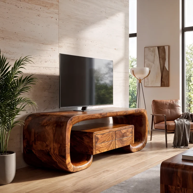Organic TV Stand With Monolithic Wood Design For Living Room And Family Room SINLKITVC090