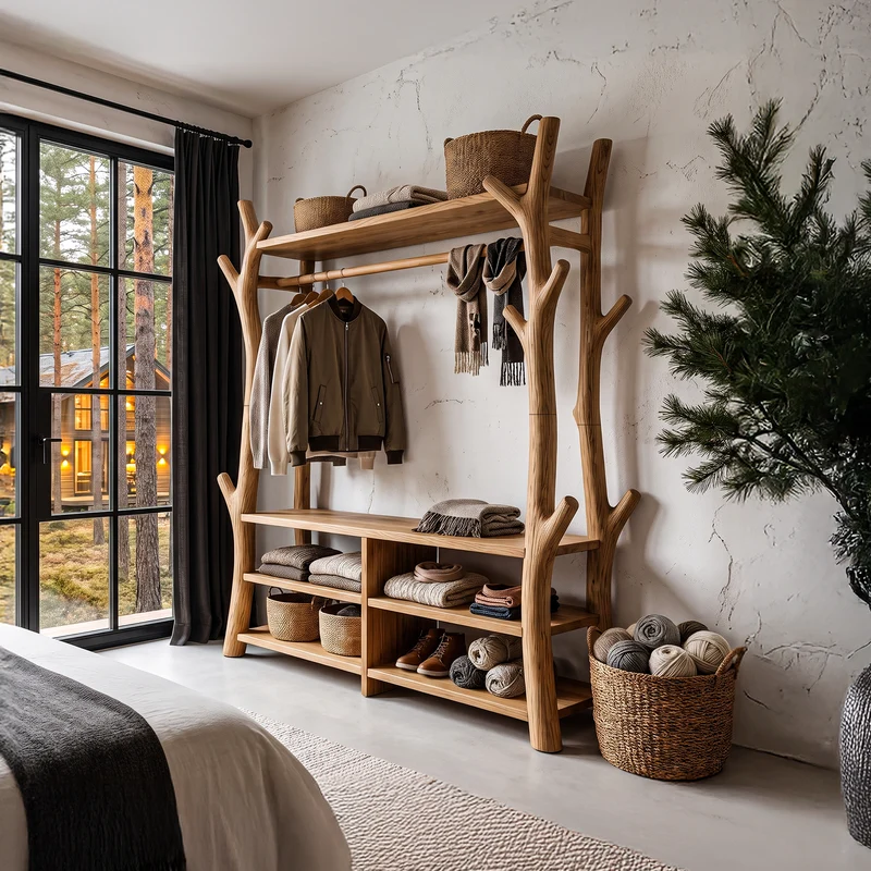 Rustic Tree Coat Rack Shoe Bench Open Storage For Entryway Hallway SINLHATCR120
