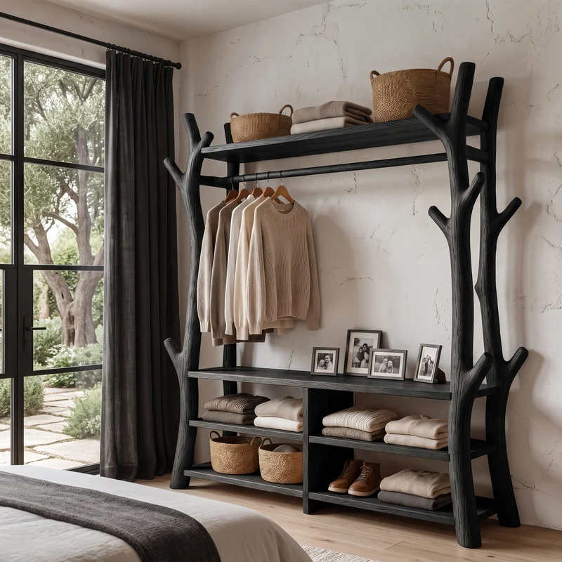 Rustic Tree Coat Rack Shoe Bench Open Storage For Entryway Hallway SINLHATCR120