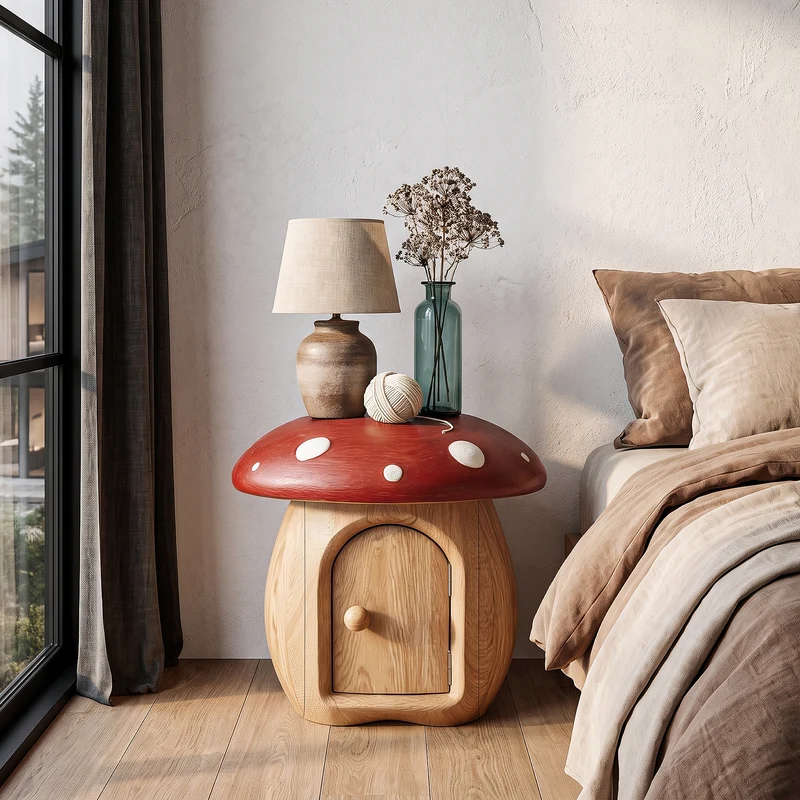 Whimsical Mushroom Bedside Table With Solid Wood Storage For Bedroom SINLHANS292