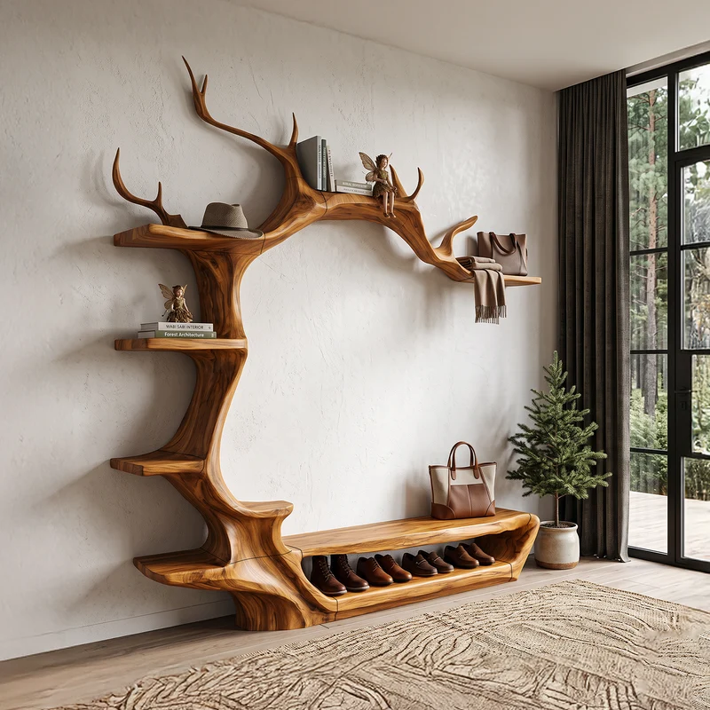 Rustic Tree Shoe Bench Wall Mounted Coat Rack For Entryway Hallway SINLHASHB101