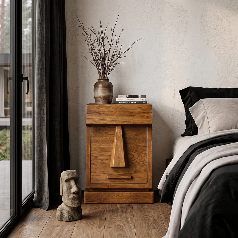 Rustic Solid Wood Bedside Table With Geometric Wooden Door SINLHANS294