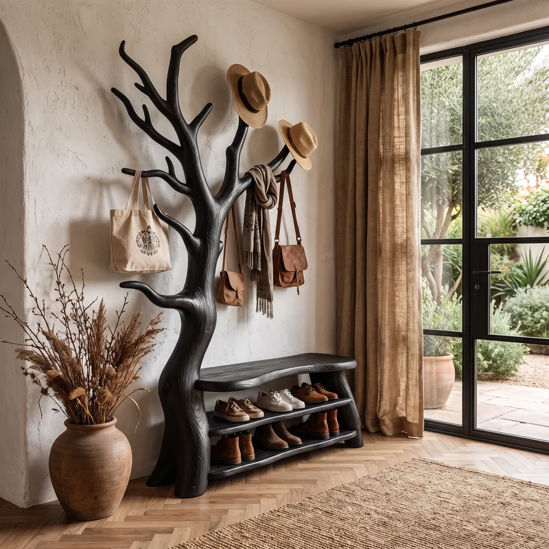 Sculptural Tree Shoe Bench Coat Rack Storage For Entryway Hallway SINLHASHB105