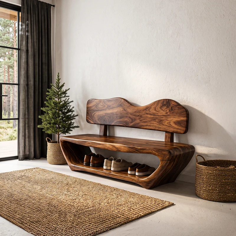 Rustic Sculptural Shoe Bench Organic Live Edge Design For Entryway Hallway SINLHASHB103