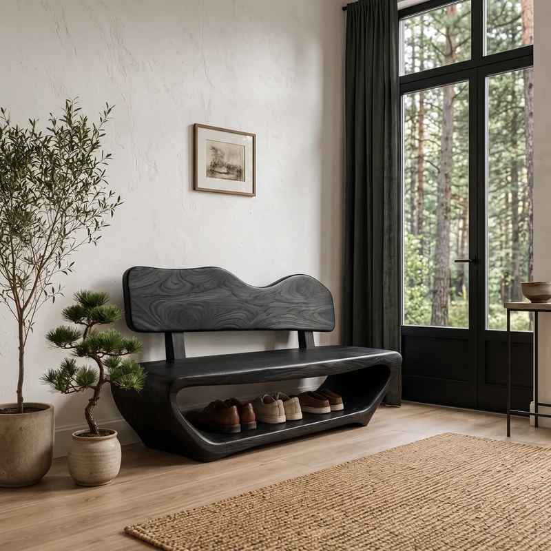 Rustic Sculptural Shoe Bench Organic Live Edge Design For Entryway Hallway SINLHASHB103