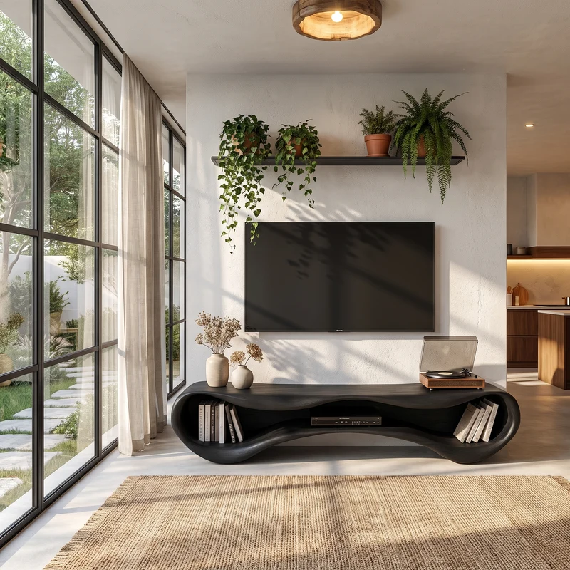 Modern Flowing Base TV Cabinet Wooden Media Unit For Living Room SINLHATVC086
